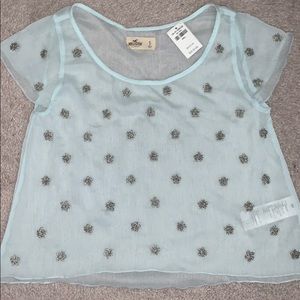 NWT tiffany blue transparent beaded top/blouse